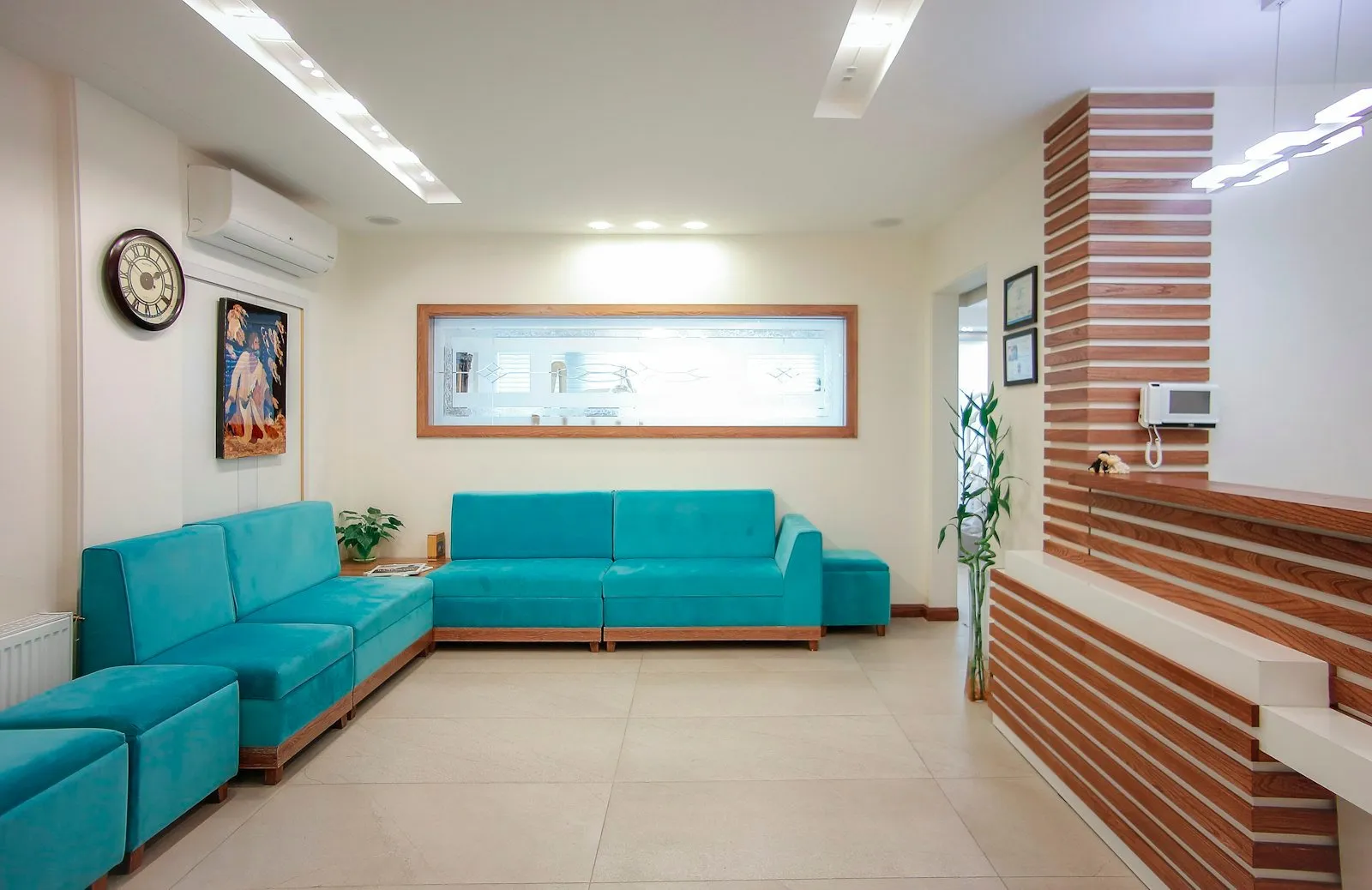 Blue seating beside a green potted plant in a waiting area