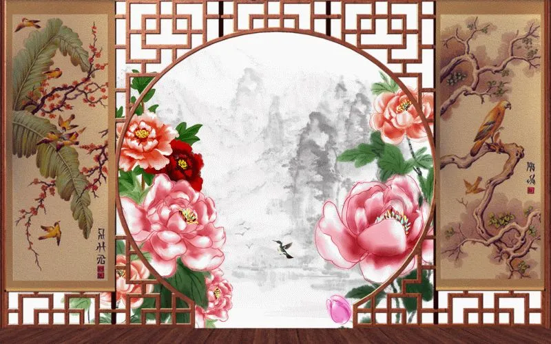 Lattice Window Peony Landscape