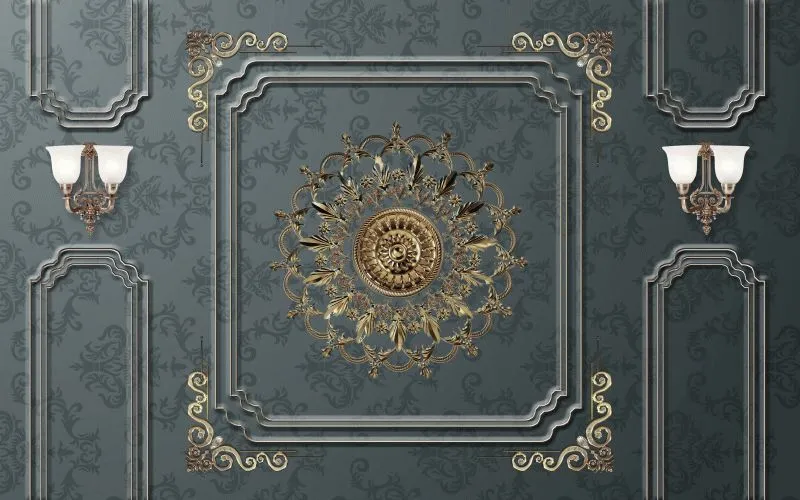 Teal Damask Gold Rosette
