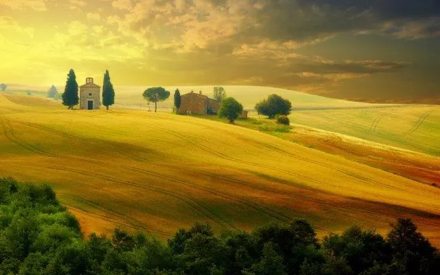 Rolling Tuscan hills glowing gold at sunset, with a lone farmhouse and tall cypress trees on the ridge