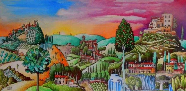 A vibrant painted hill town with colourful houses, rounded trees and a glowing sunset sky