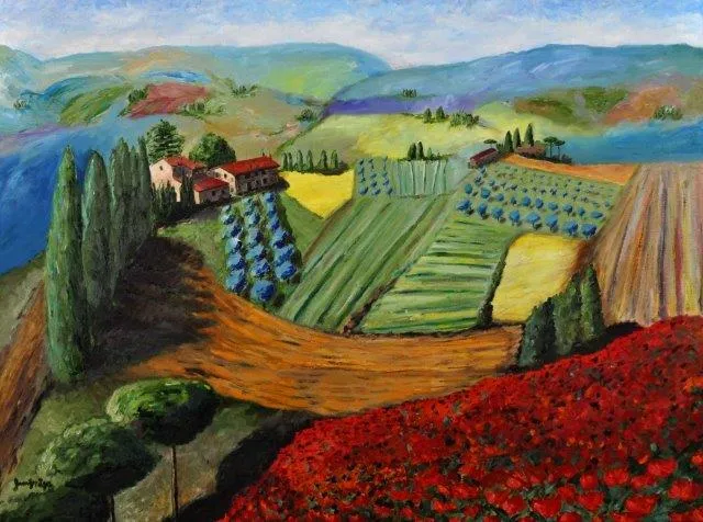 A painted Tuscan patchwork of fields, cypress trees and a farmhouse, with red poppies in the foreground