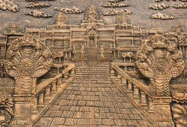 A carved view down a stone causeway lined with serpent balustrades towards a great temple, in sepia relief