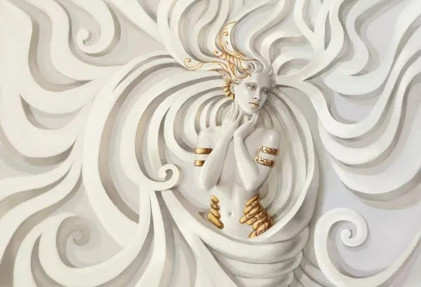 A serene woman emerges from flowing white swirls, touched with gold at her hair and wrists