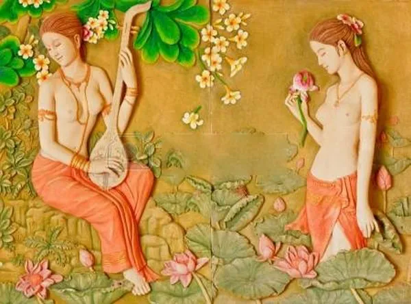 Two maidens beside a lotus pond, one playing a lute, in a warm, softly painted relief