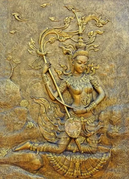 A crowned celestial figure poised above a swan, holding a tall ornate staff, in burnished gold