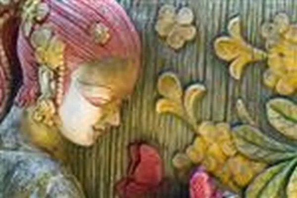 A maiden with rose-pink hair bows her head beside golden flowers, in a softly painted relief