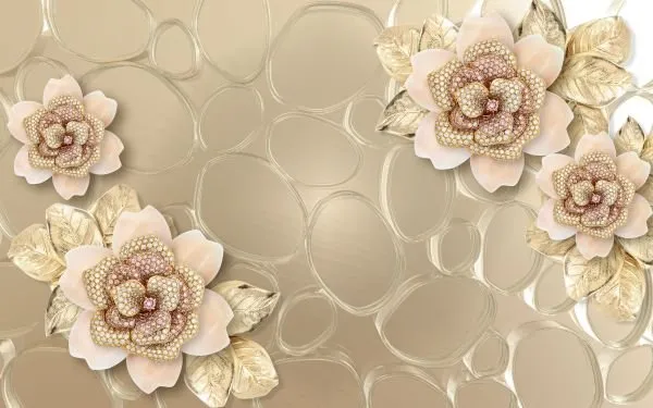 Pearl-studded blush flowers with gold leaves float over a champagne background of glossy bubbles
