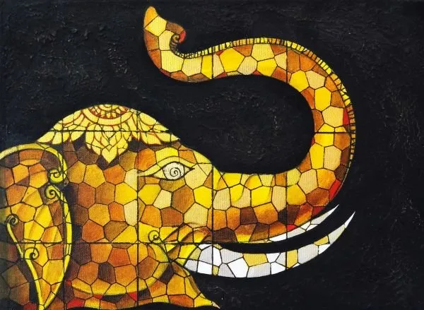 An elephant head with raised trunk in amber and gold stained-glass mosaic on black