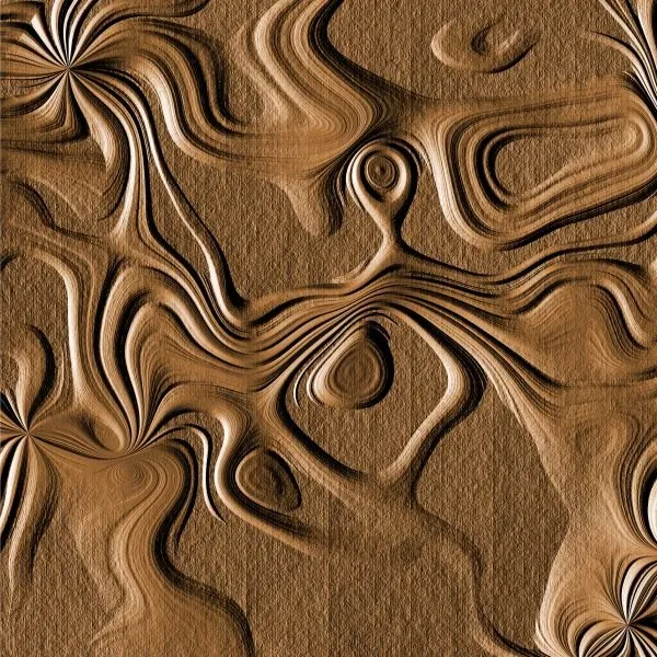 Flowing, molten lines and swirls ripple across a square panel in caramel-brown relief