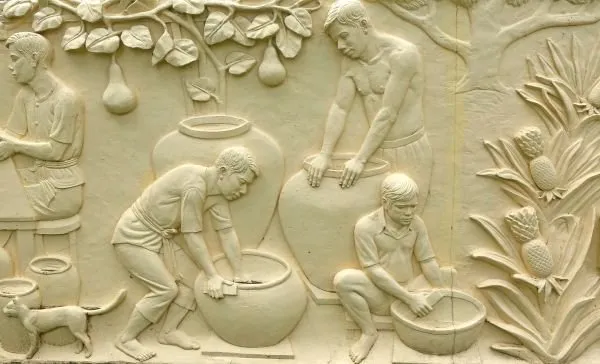 Village potters shape and carry large clay jars beneath fruit trees, in creamy ivory relief