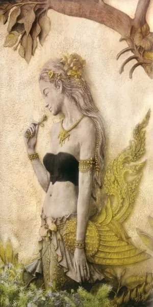 A maiden smells a flower beneath a tree branch, with golden ornament at her side