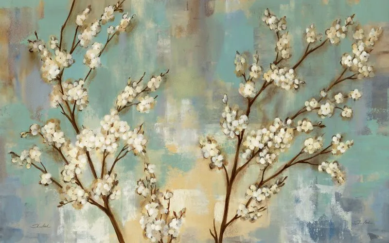 White Blossom Branches Teal