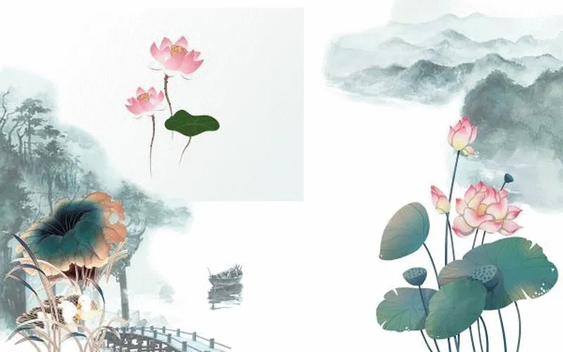 Ink Wash Lotus Panels