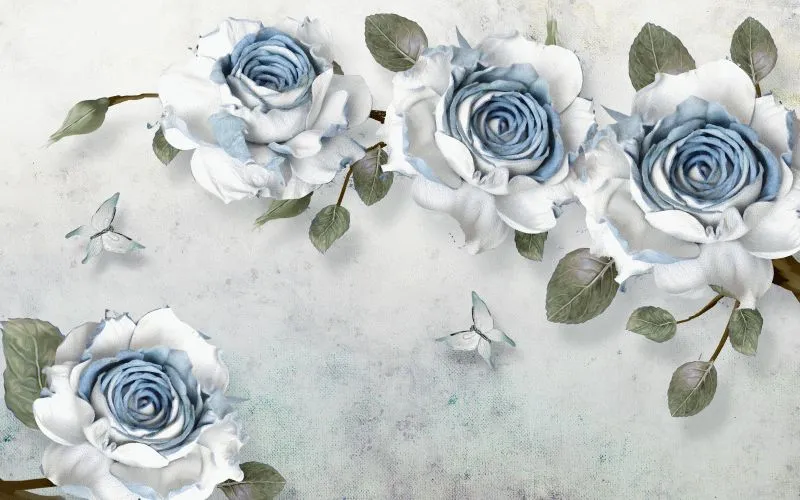 Blue White Roses Butterflies