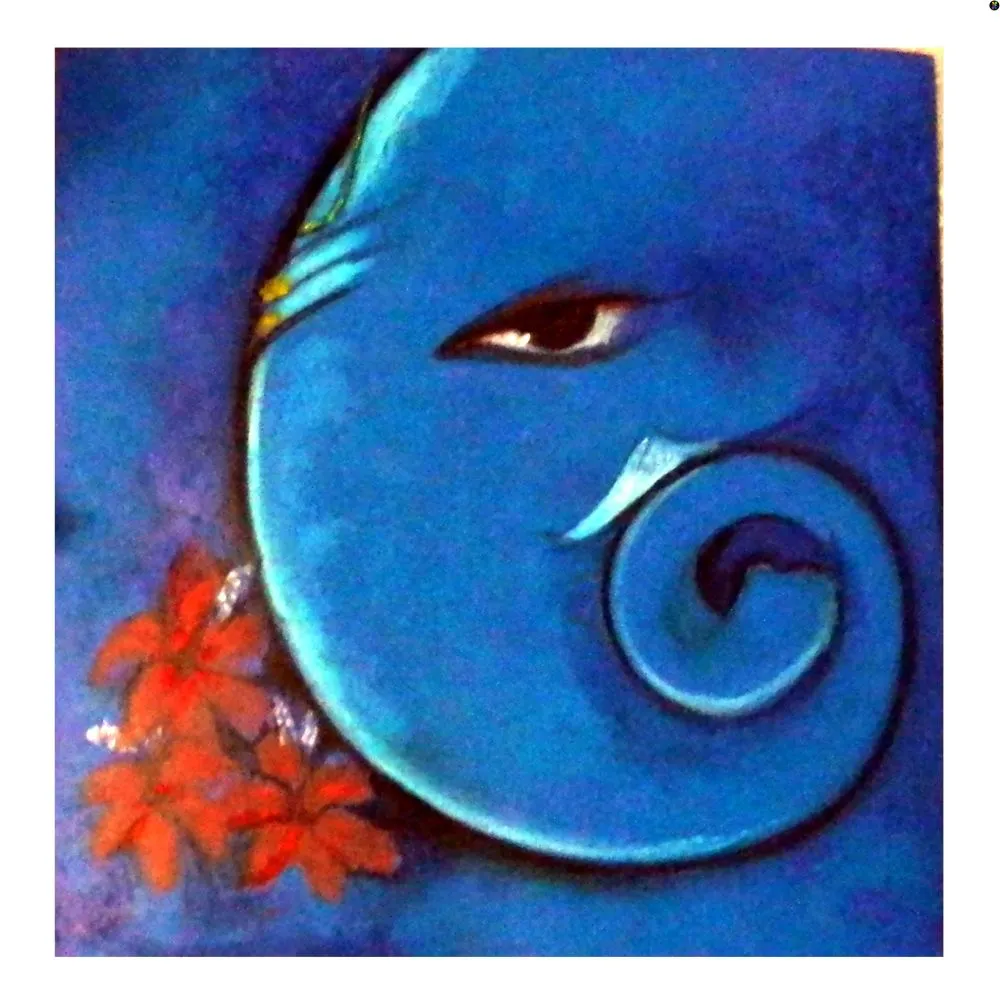 A contemporary close-up of Ganesha's profile in deep blue, with a curling trunk and bright red flowers