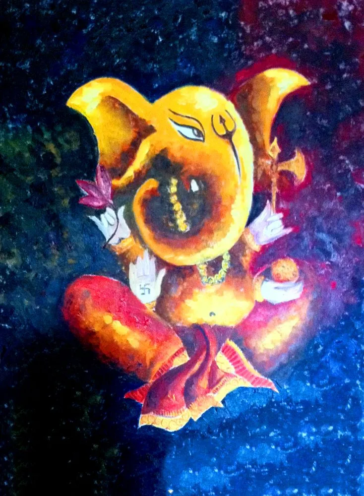 An expressive golden Ganesha painted in thick, textured strokes against a deep blue, starry ground