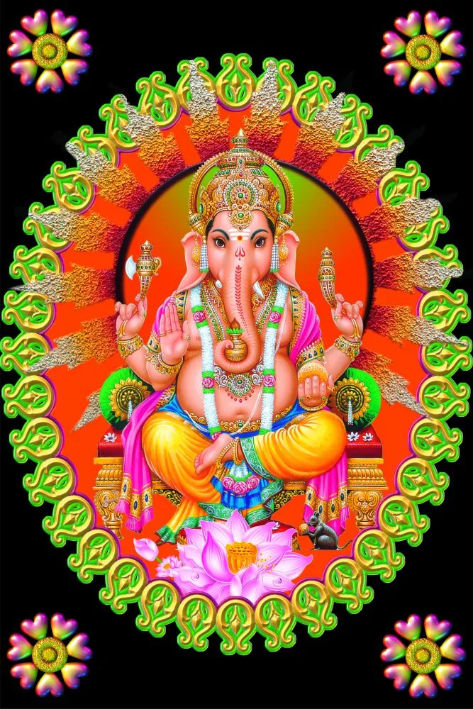 A seated Ganesha enclosed in an oval frame of green paisley motifs, glowing red and orange within