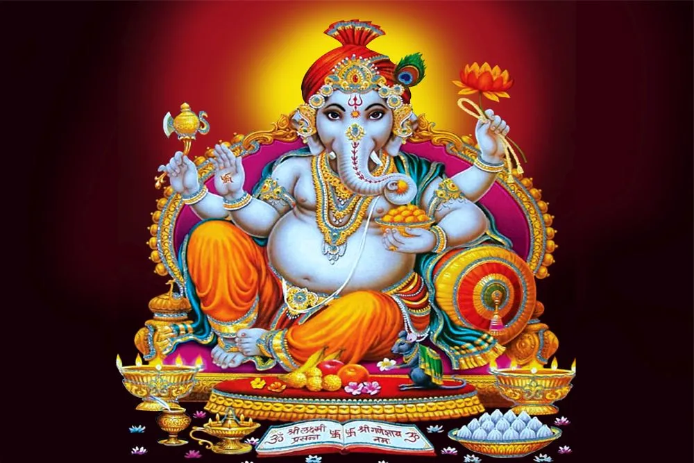 A serene Ganesha on a golden throne, surrounded by lamps and offerings against a glowing red background