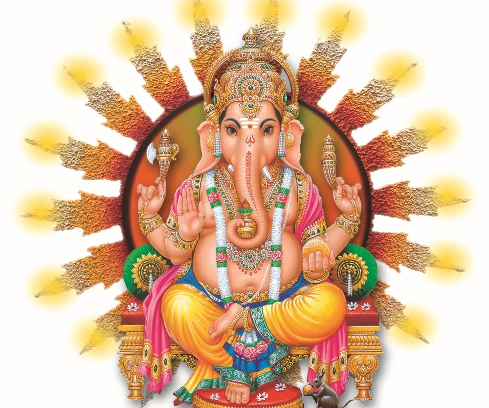 A seated Ganesha surrounded by a dramatic fan of fiery golden-orange rays on a white background