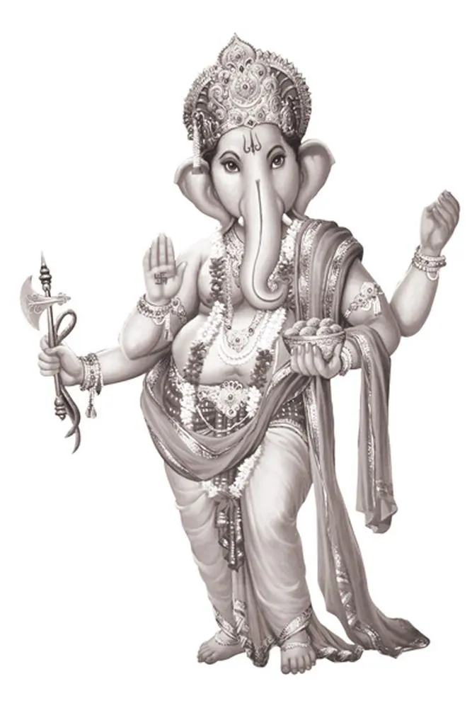 A finely shaded pencil drawing of a standing Ganesha in soft greys on white