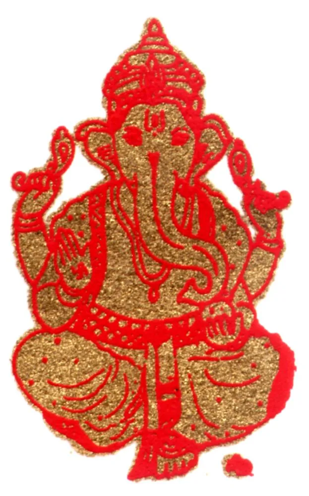 A Ganesha silhouette traced in red outlines and filled with sparkling gold texture on white
