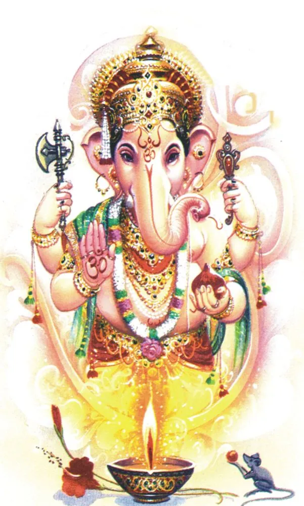 A softly lit standing Ganesha with a glowing diya at his feet, in pale pastel tones