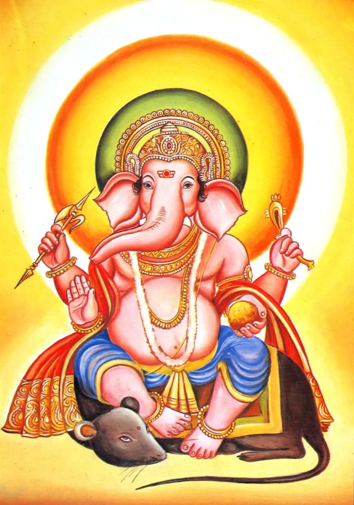 Ganesha seated on his mouse, Mushika, within a bright orange and yellow halo