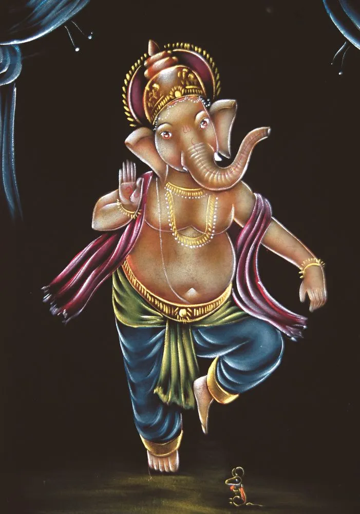 A dancing Ganesha in earthy browns and blues, emerging from a deep black background