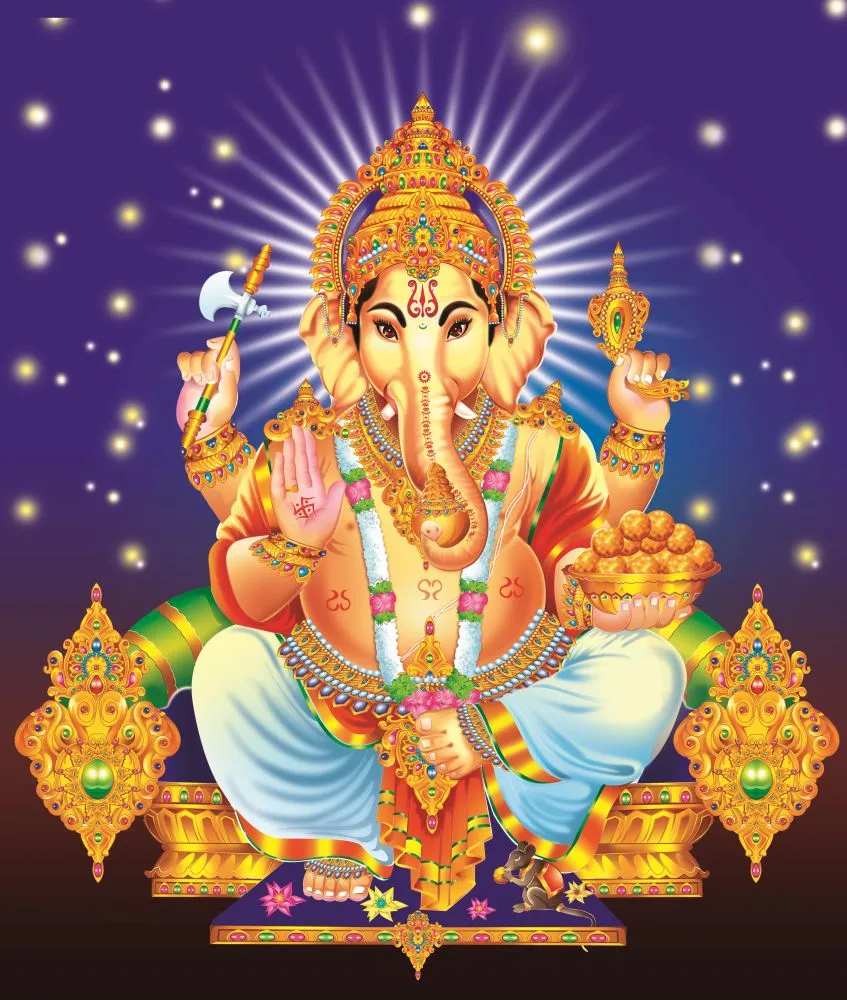 A four-armed Ganesha on a jewelled golden throne beneath a starlit purple sky with radiating light