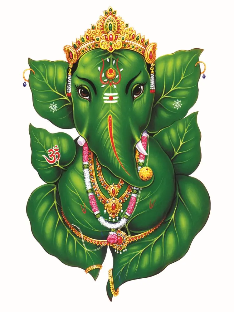 Ganesha's form composed entirely of fresh green leaves, adorned with a golden crown and garland, on white