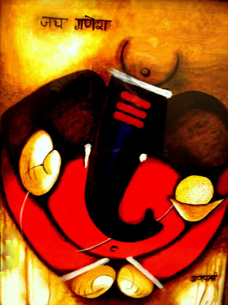 A bold modern abstract Ganesha in red, black and ochre, inscribed with 'Jai Ganesha' in Devanagari
