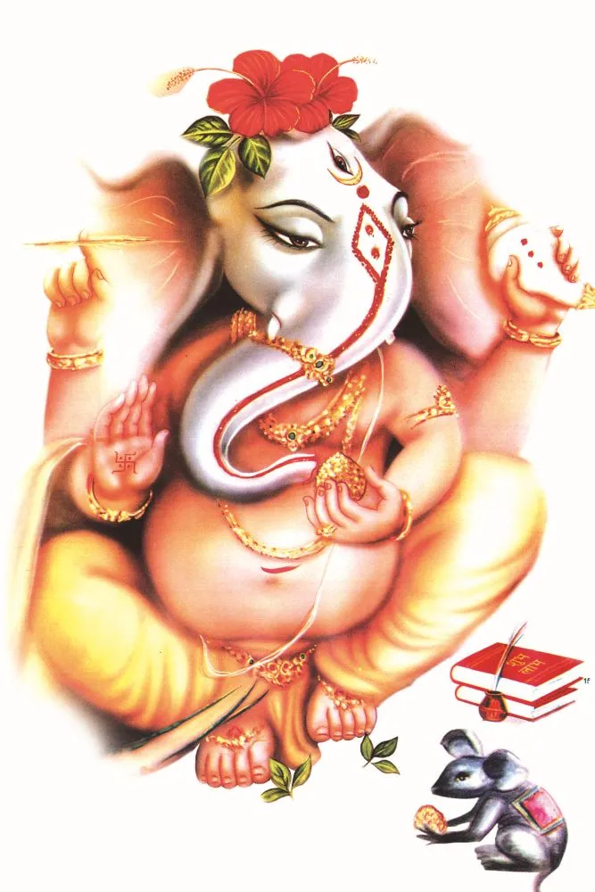 A soft, painterly Ganesha in white and blush tones, crowned with a red hibiscus, with books and his mouse