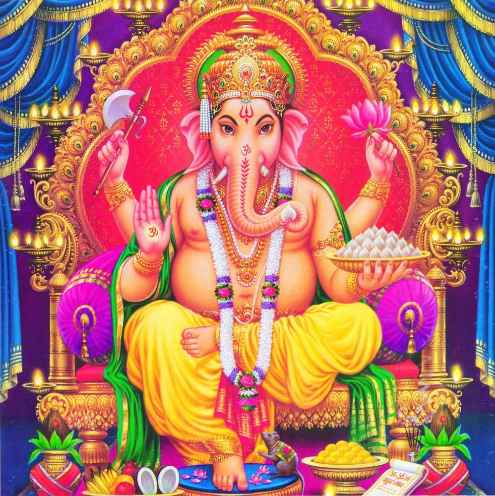 A vivid seated Ganesha on a golden throne, framed by blue drapes and a bright pink palace backdrop