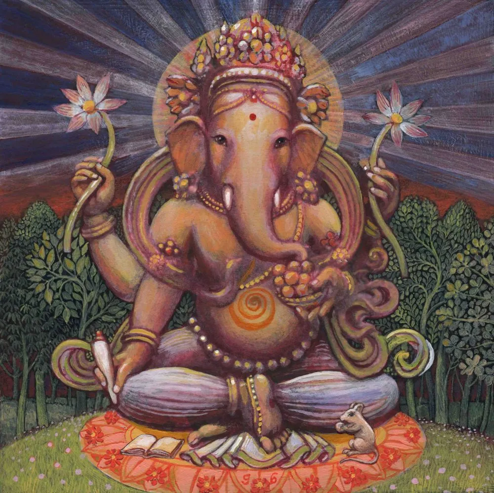 An earthy, folk-style Ganesha seated in a forest clearing, holding two long-stemmed lotus flowers