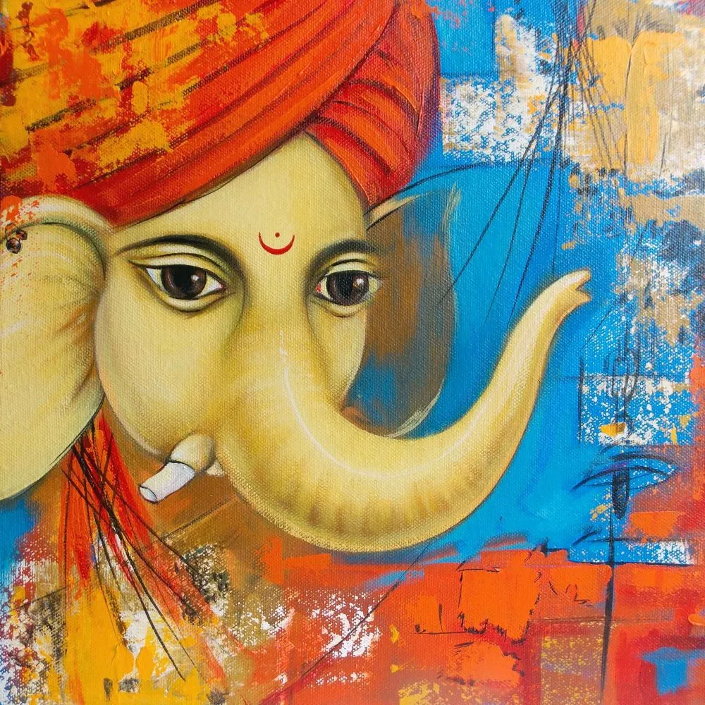 A contemporary mixed-media Ganesha face wearing a red turban, set on layered blue, orange and red textures