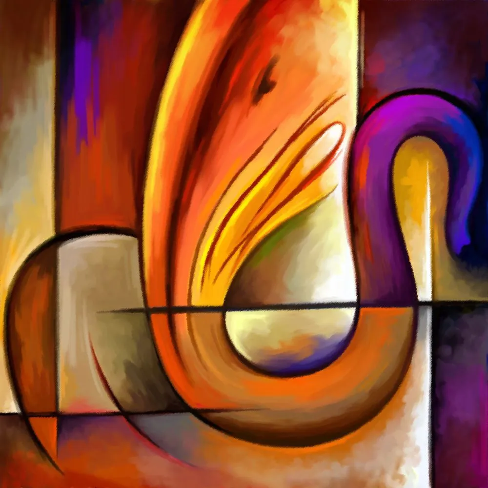 A cubist Ganesha built from overlapping planes of flame orange, purple and bronze