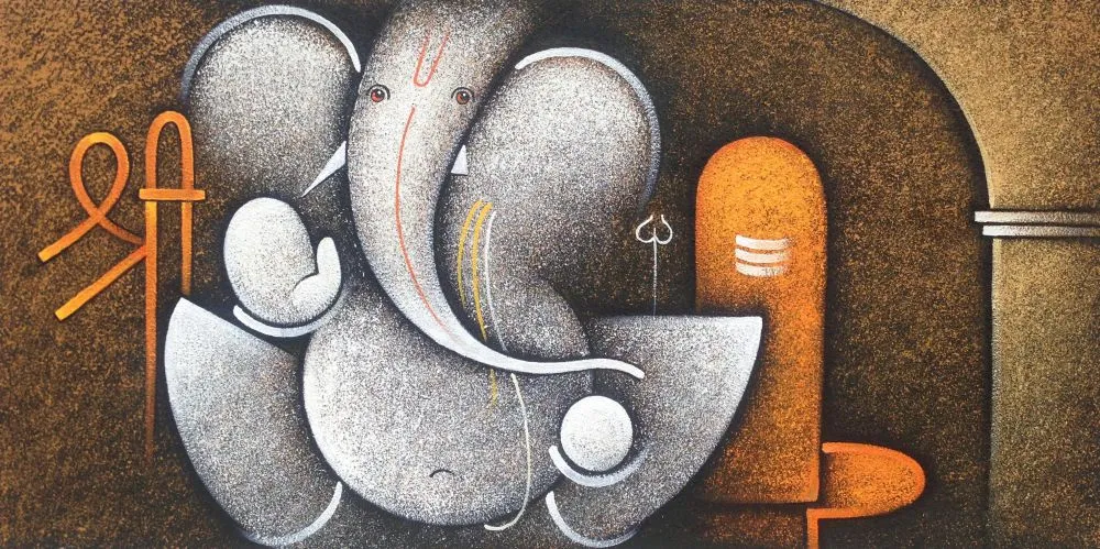 A textured silver-grey Ganesha beside the Devanagari word 'Shri', set in an earthy arched niche with a lit diya