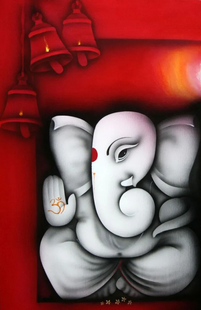 A serene white-and-silver Ganesha with a blessing hand, framed in deep red with temple bells hanging above