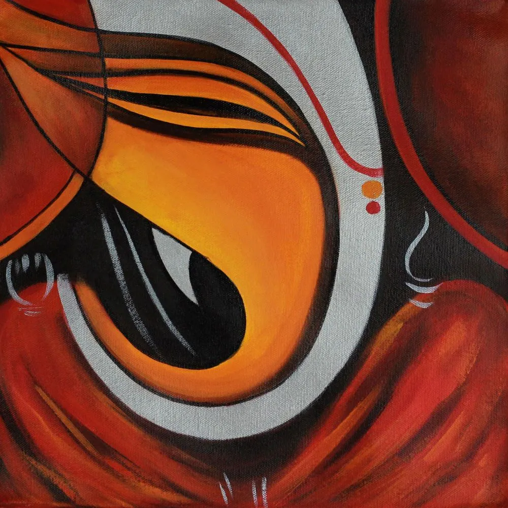 An abstract close-up of Ganesha's trunk curling into a bold swirl of crimson, orange and silver-grey