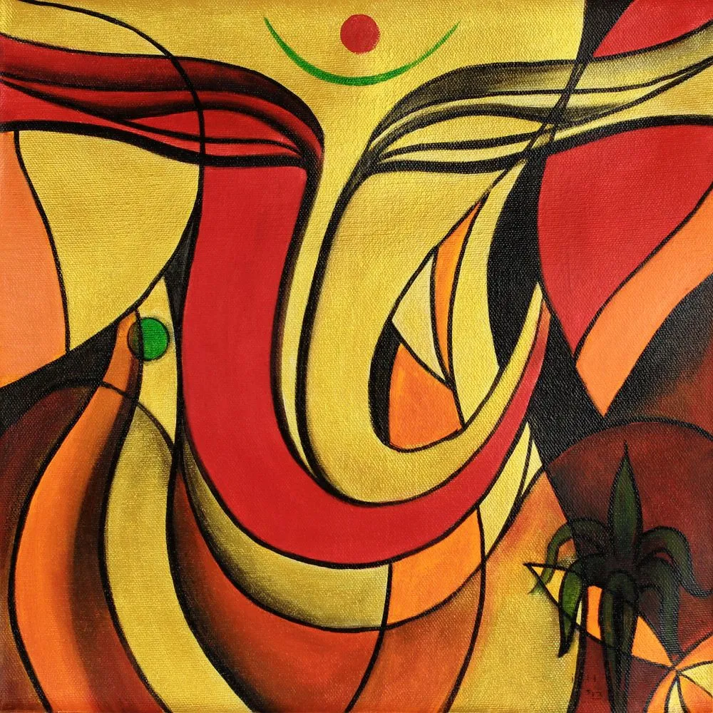 A modern Ganesha face in sweeping yellow, red and black lines, with a bindi, tilak and banana-leaf motif
