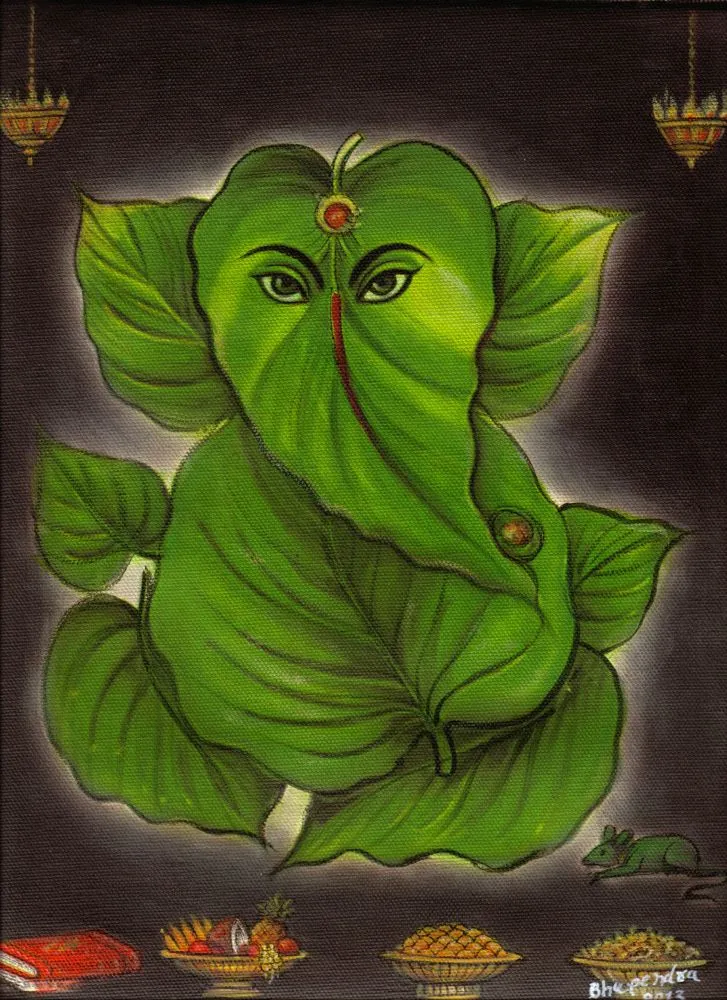 Ganesha formed from layered green leaves on a dark background, with lamps and offerings below