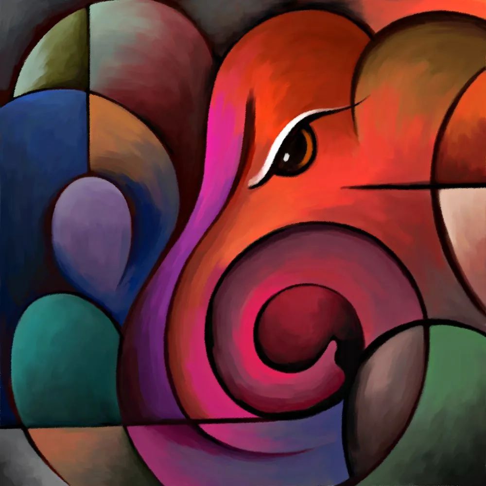 A cubist Ganesha face in vivid red, magenta, teal and blue geometric planes
