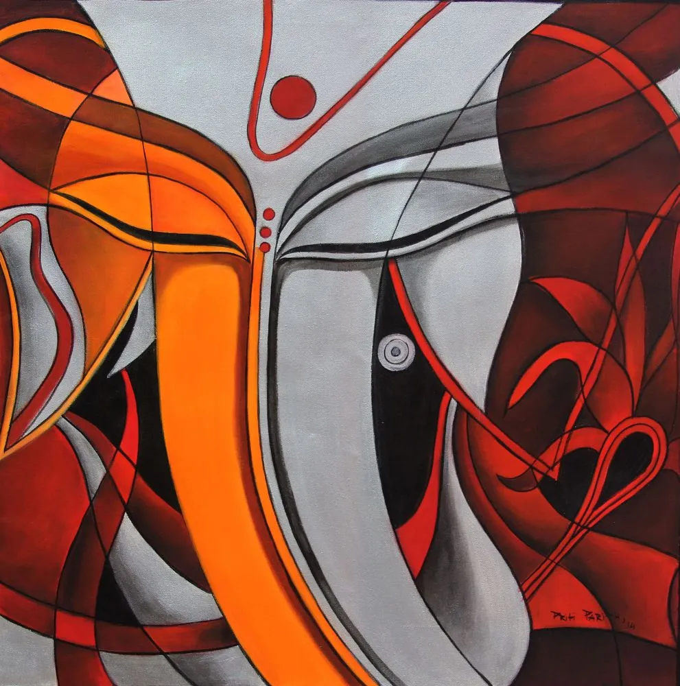 An abstract Ganesha in flowing ribbons of orange, silver-grey, red and black