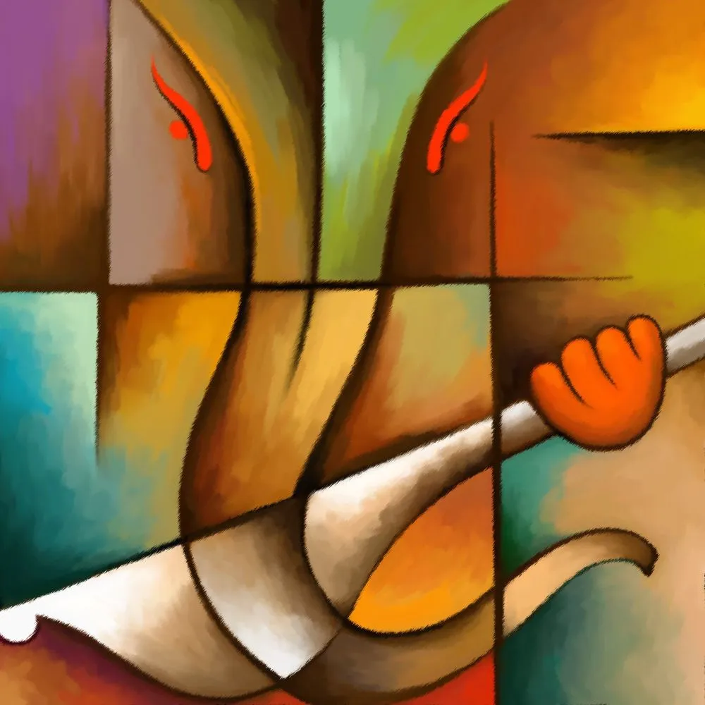 A cubist Ganesha playing the flute, composed of warm geometric colour planes
