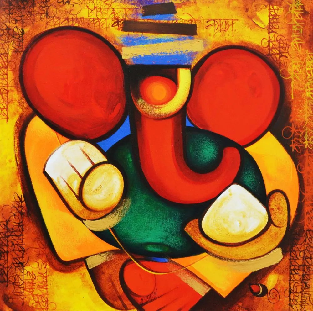 A playful stylised Ganesha with large red ears, a striped turban and a round green body