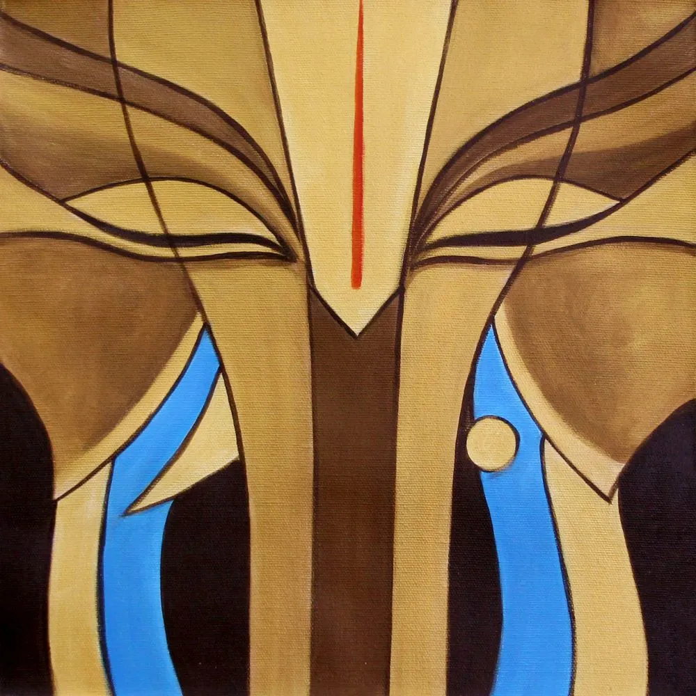 A minimal, perfectly symmetrical Ganesha face in sand and brown tones with blue tusks and a red tilak