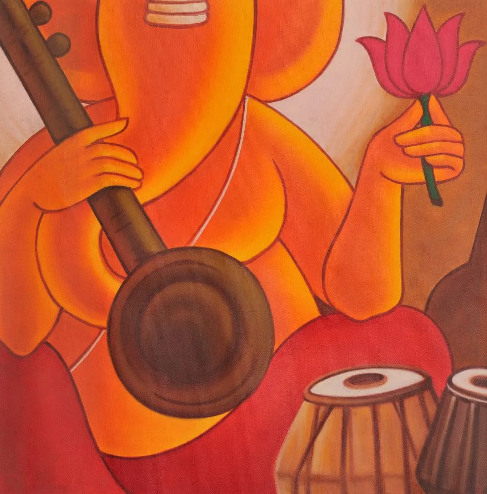 A warm orange stylised Ganesha playing a sitar, with tabla drums and a lotus