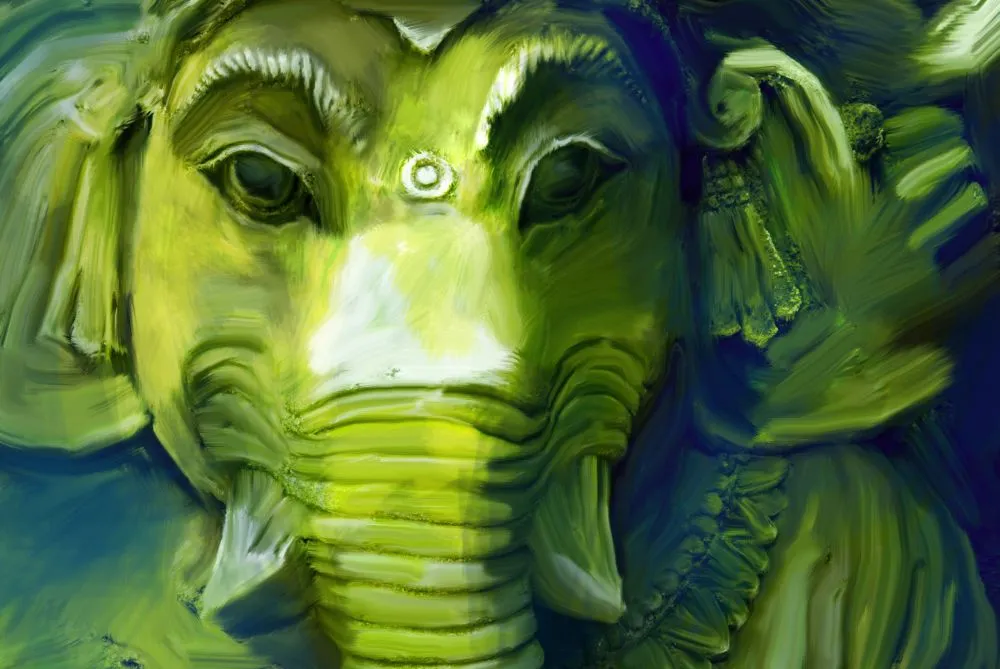 A moody, painterly close-up of Ganesha's face in luminous greens on a deep blue background