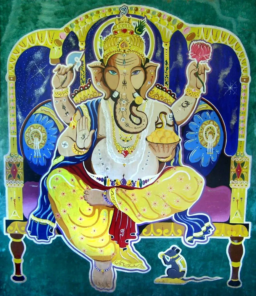 A cheerful, naive-style Ganesha on a throne in bright blue, yellow and teal, with his mouse below